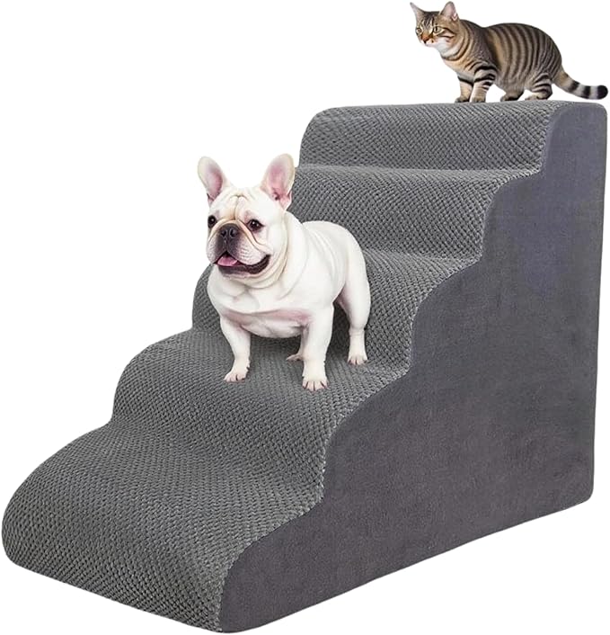 5 Step Pet Stairs Ramp for High Beds Sofas 5-30 Inch with Sturdy Non Slip Waterproof Pads, Machine Washable Cover Indoor Balanced Design for Cats Dogs Small Medium Large XL Pets Grey (Grey, Large, 1)