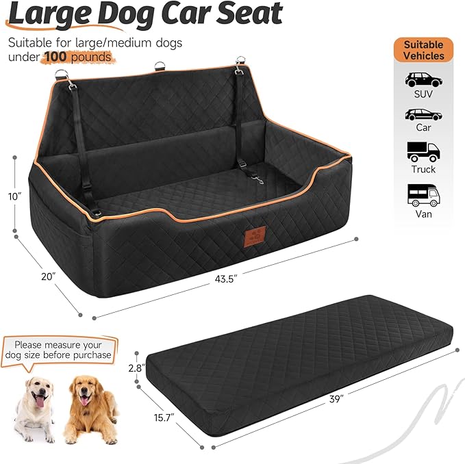GL GLENSLAVE Dog Car Seat for Large/Medium Dogs, Comfortable Pet Car Booster for Back Seat, Fully Detachable & Washable Dog Travel Bed with Storage Pockets,2 Safety Belts