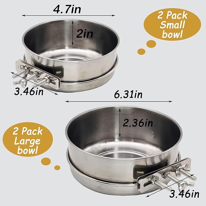 Hamiledyi 2 Pcs Dog Crate Bowl Stainless Steel Puppy Bowls Durable Spill-Proof Pet Water Bowl Hanging Water/Food Metal Bowls for Puppy Medium-Sized Dogs Cats (4.7" x 2" & 6.3" x 2.3")