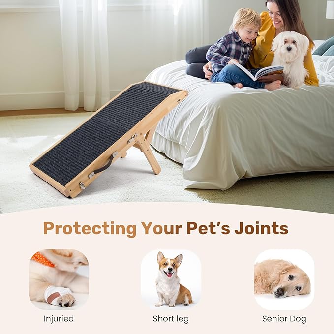 Wood Dog Ramp for Bed, 5-Level Adjustable Height (10" to 21") Pet Ramp with Non-Slip Surface for Couch, Bed and Car, Foldable Dog Stairs for Small, Medium to Large Dogs, Up to 200LBS