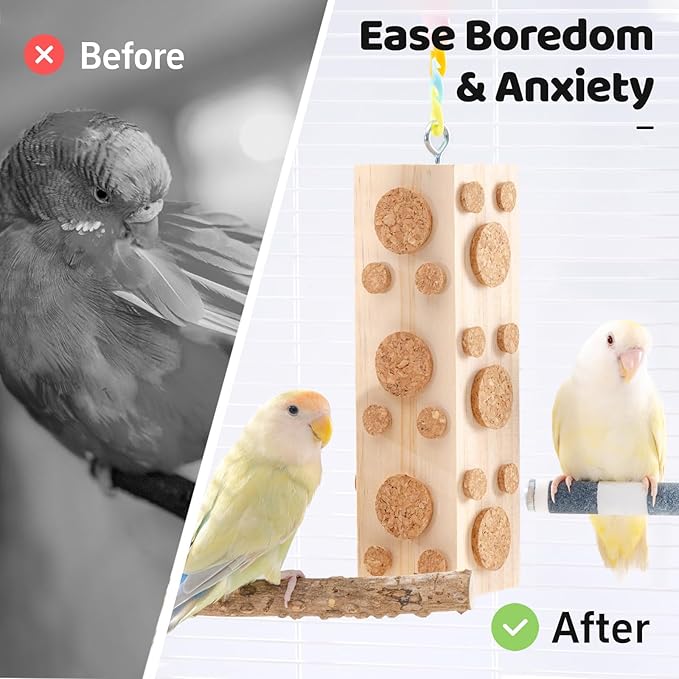 2 Pcs Wooden Bird Chew Toys - 7.9 Inch Hanging Parrot Toys, with 92 Detachable Corks, Relieve Boredom & Anxiety, Foraging Toys, for Parakeet, Cockatiel, Conure, Budgie, Lovebird, African Grey Parrot