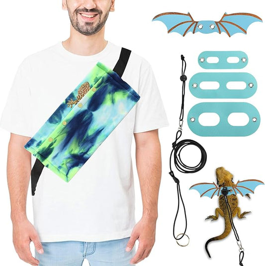 Esmorah Bearded Dragon Carrier and Leash Harness with Wings, Small Animal Sling Carrier and Reptile Carrier, Lizard Adjustable Harness and Sling Bag for Outdoor Travel Walking Rest