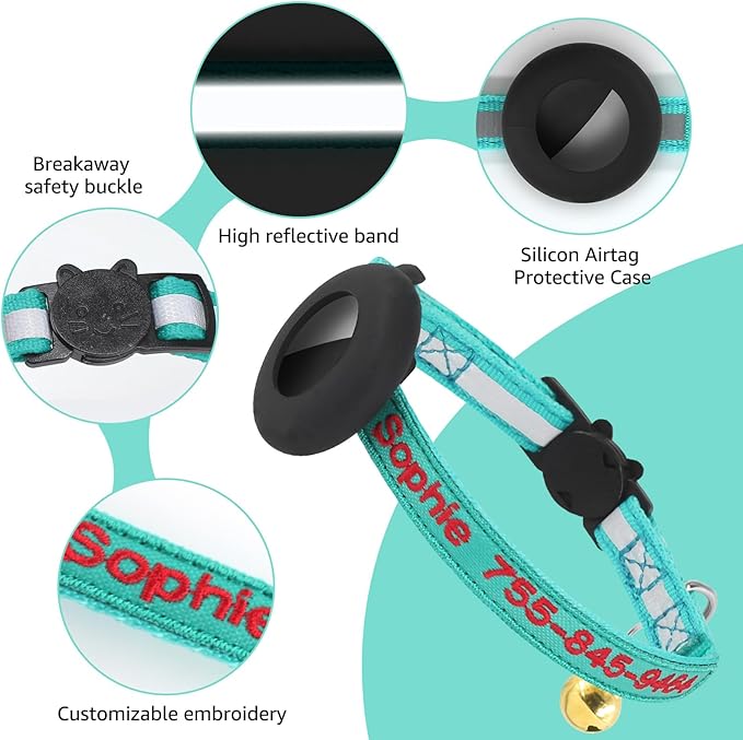 Airtag Cat Collar, Personalized Nylon Breakaway Cat Reflective Collar Embroidered with Pet Name and Phone Number with Waterproof Airtag Holder Case and Bell (with Silicone Airtag Protective Case)