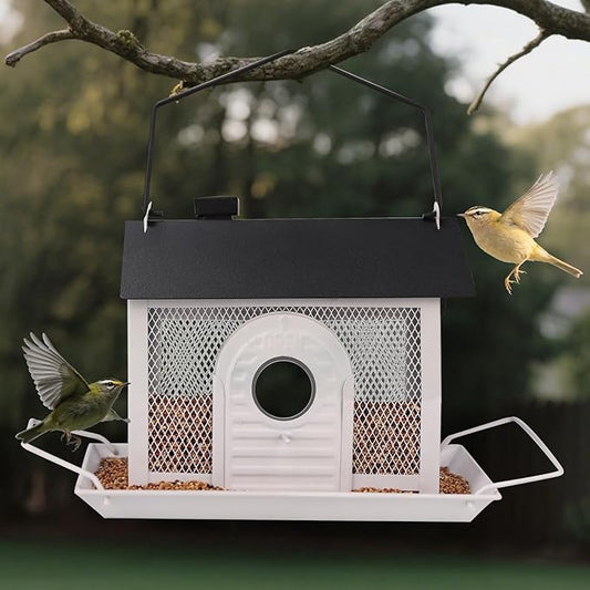 Bird Feeder House for Outdoors – White Metal Hanging Bird Feeder, Decorative Bird House Feeder for Cardinals, Finches, and Wild Birds, Weatherproof Backyard Garden Decor