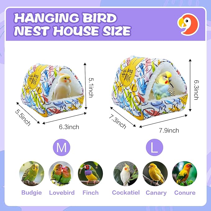 SUSOO Plush Warm Bird Nest House - Hanging Snuggle Bed Velvet Shed Hut Cage Fluffy Hideaway Winter Sleeping Hammock for Parrot Parakeet Conure Cockatiel Budgies Lovebird (Colorful, L)