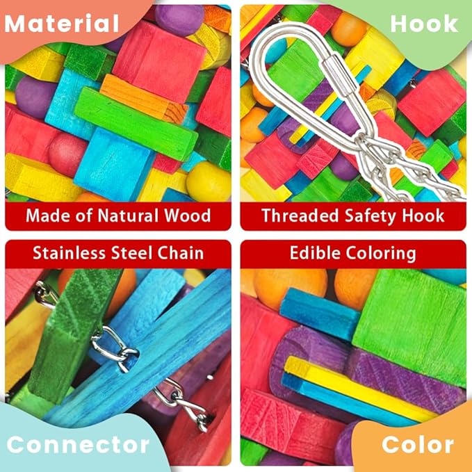 Extra Large Bird Toys - 21.6'' Heavy Duty Natural Parrot Toys for Chewing Foraging with SS Chain & Edible Colors for Medium to Large Parrots, Macaws, Cockatoos, African Grey, Cockatiel, Parakeet