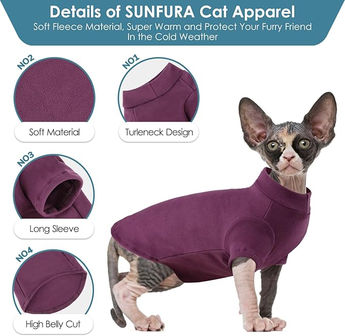SUNFURA Turtleneck Sweater for Cat, Sphynx Cats Shirt Hairless Cat Sweaters with Sleeves, Warm and Soft Kitten Pullover Fleece Winter Pajamas Jumpsuit for Puppy Cats, Purple M