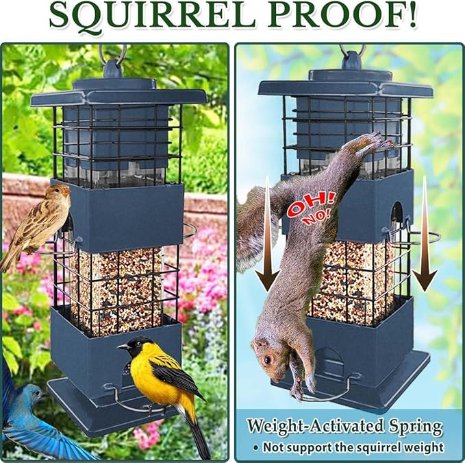 Squirrel Proof Bird Feeder, Metal Bird Feeders for Outdoors, 3 Lbs Birdfeeder Outside Hanging, Weight Activated Spring, 4 Feeding Ports, Cardinals, Finches & Sparrows, Wild Birds, Blue
