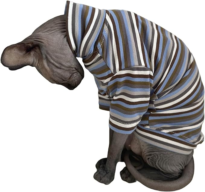 Vintage Stripes Sphynx Hairless Cats Shirt Cotton Cat Turtleneck Pet Clothes Kitten T-Shirts with Sleeves for Sphynx Cats (Storm, Large)