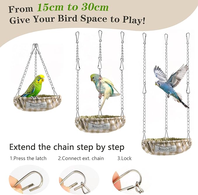 Waterproof Bird Bed with Adjustable Chain, Customizable Height Hanging Bird Hammock for Cage, Small Size Bird Nest with Durable Non-Collapsible Bottom, Bird Hut for Conures, Budgies (Khaki)