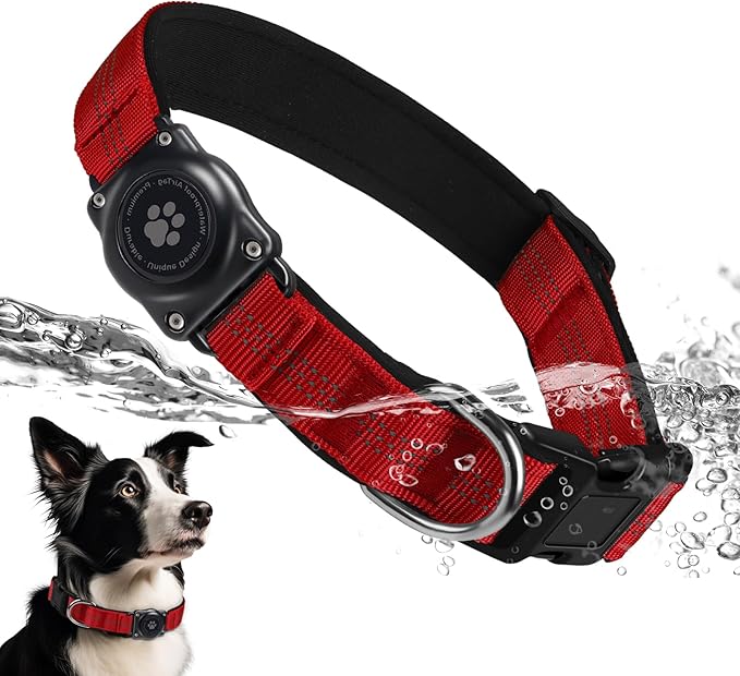 Upgraded AirTag Dog Collar, IP68 Waterproof Air Tag Dog Collar Holder, Reflective, Ultra-Durable, Comfortable Padded, Heavy Duty Dog Collars for Small Medium Large Dogs (XS (10.25"-13"), Red)