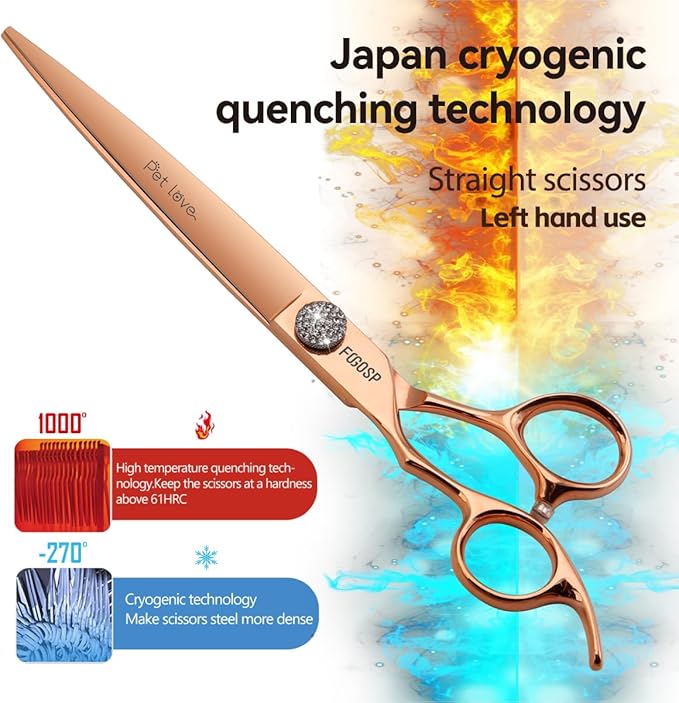 8'' Professional Left Handed Dog Grooming Scissors Straight Long Large Grooming Shears for Dogs Pet Rose Gold Titanium Japan 440C Lefty Hand Dog Hair Cutting Scissors for Poodle(8,Straight)