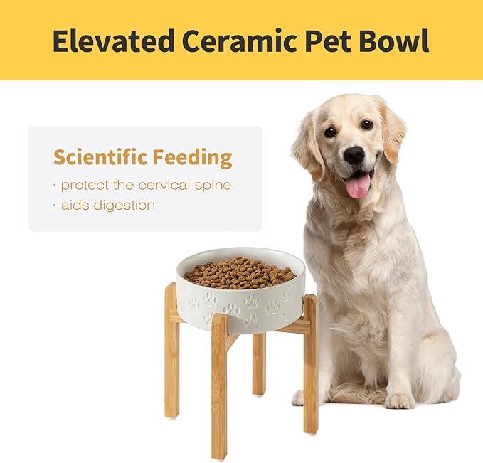 Elevated Ceramic Dog Bowls 2 Pack, 8.3 inch Raised Dog Bowl for Large Sized Dogs, 10" Wide x 11" Tall with Non-Slip Bamboo Stand, Dishwasher Safe (Double Bowls + Double Stands - White, 8 inch)