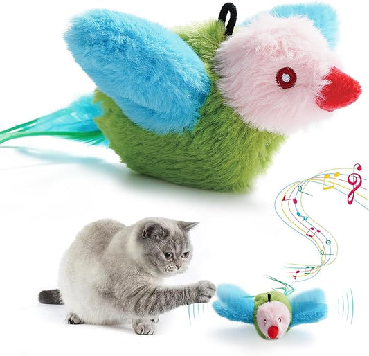 Flapping Bird Cat Toy, Interactive Catnip Kitten Toy with Lifelike Chirping, Rechargeable & Touch Activated for Bored Indoor Adult Cats of All Breeds, Green