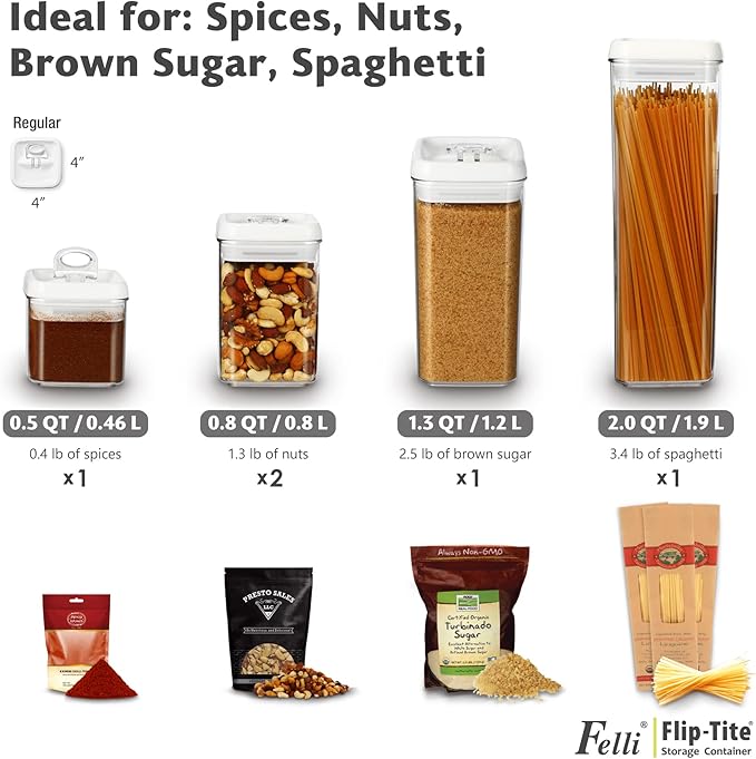 Felli Flip Tite Storage Container with Lid 4" Airtight Ring Seal Top, Stackable Acrylic Canister Jar Set for Kitchen Pantry Organizer, Food Spice Pasta Snack, Christmas Gifts for Her (5pk, Variety)