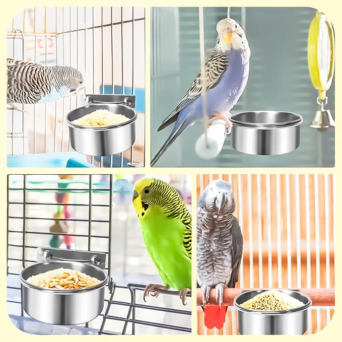 MotBach 3 Pack Bird Feeding Bowls Cups Parrot Food Water Dishes, Stainless Steel Bird Bowl Cup Dish with Clamp, Birdcage Feeder Pet Cage Bowls for Parrot Cockatiel Budgie Conure Parakeet Small Animal