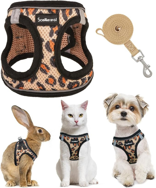 SCENEREAL Cat Harness & Leash Set Escape Proof - Adjustable Air Mesh Vest with Reflective Strips for Kittens, Puppies, Rabbits, Khaki Leopard M