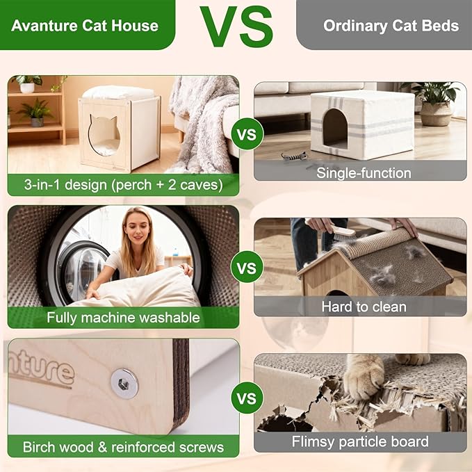 Cat House for Indoor Cats,Wooden Large Cat Bed Cave with 2 Soft Cushion,Warm Cozy Pet Hideaway for Kittens & Big Cats,17.7"x16.9"x19.68" Natural