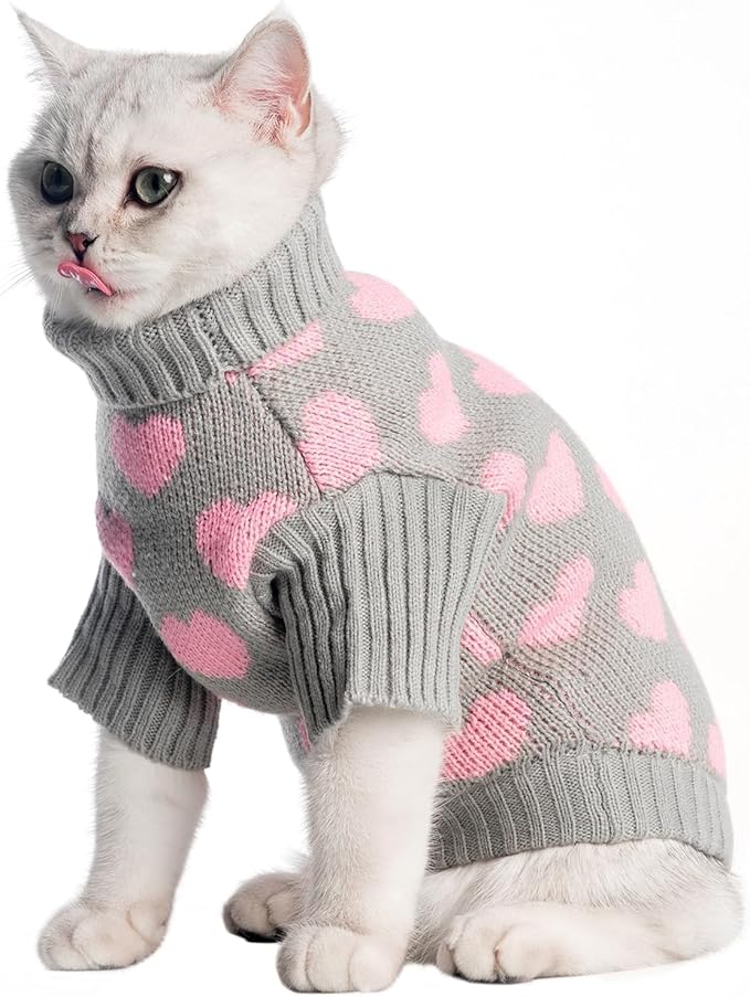 KOOLTAIL Cat Sweater Turtleneck- Soft Knit Cat Sweaters for Cats Only, Heart Love Pattern Thick Warm Cold Weather Clothes, Valentine's Day Pet Outfit for Small Medium Large Size Kitten Puppy Grey S