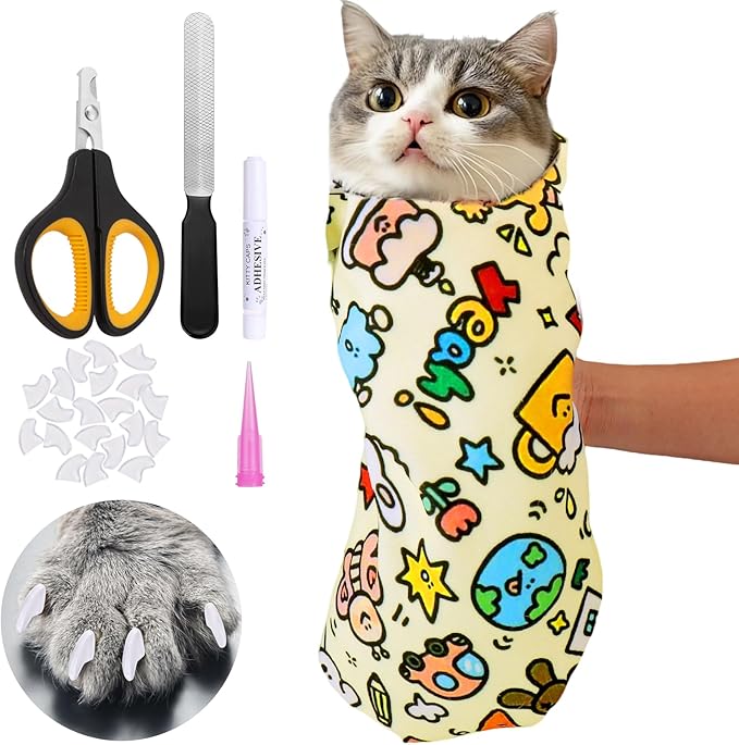 BABORUI Cat Grooming Wrap for Cutting Nails - Self-Adhesive Cat Swaddle Wrap with Nail Clipper Nail Cover, Anti-Scratch Cat Burrito Wrap for Nail Trimming, Cat Grooming Supplies