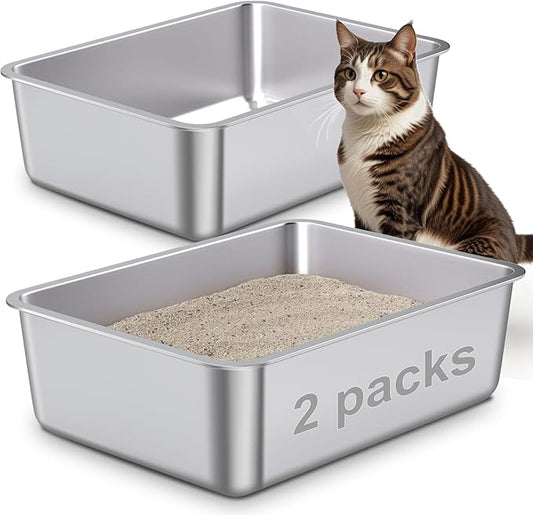 Stainless Steel Litter Box 2 Pack,Metal Litter Box for Cat Easy to Clean,Medium Cat LitterBox for Cats/Kitty/Rabbit,Metal Cat Toilet for Kitten,Non Stick, No Smell,17.7" L x 13.8" W x 6" H