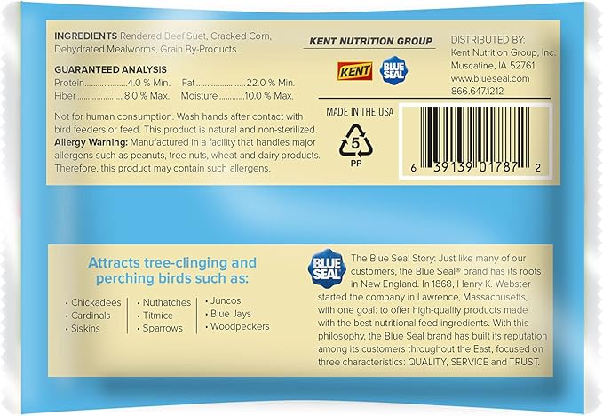 Blue Seal Mealworm Medley Suet Dough Cake | No Mess Wild Bird Suet | Attracts a Variety of Wild Birds | Melt Resistant | Year-Round Feeding | Food for Wild Birds | Made in The USA | 12 oz (12 Pack)