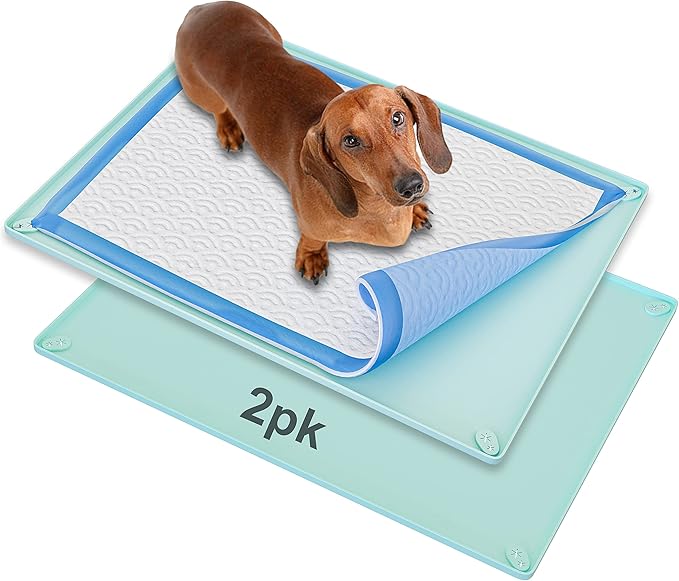 TidyFriend 2 Pk Pee Pad Holder Tray for 30” x 23” Pee Pads with Corner Lock Holes, Raised Edges, Non-Spill, Easy to Clean Silicone Dog Potty Tray Holder, For Indoor Floor Protection (Turquoise)