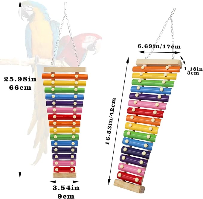 Dnoifne Large Colorful Bird Xylophone Toy, Suspensible Funny Xylophone Toy with 15 Metal Keys, Cage Accessories for Chicken Chick Birds Parrots Parakeets Cockatiels Budgies Love Birds