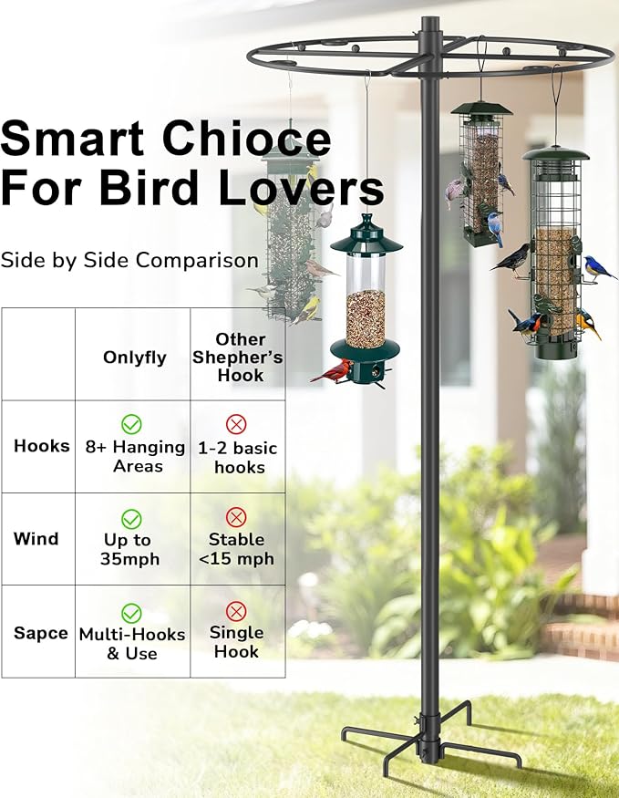 Bird Feeder Pole Stand - 74.5 Inch Bird Feeding Station with Semicircular Hook for Outdoors, 22 Hanging Areas for Suet Feeders, Plant Baskets, Lanterns, Wind Chime, Slip-Fit Connection
