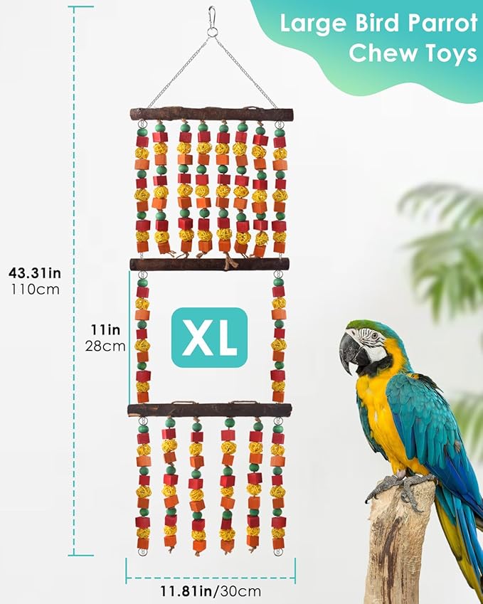 43" Extra Large Bird Parrot Toys, Multicolored Wooden Blocks Chewing Toy with Rattan Balls and Perches for Macaws, African Greys, Cokatoos, Amazon Parrots and Small Medium Parakeets