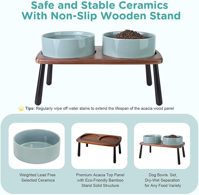 SPUNKYJUNKY Ceramic Elevated Dog Bowls Raised with Acacia Bamboo Wooden Stand, 8.3'' Dog Food Water Bowls Set Non-Slip for Medium Large Sized Breed Microwave Dishwasher Safe - 60 OZ,Light Green