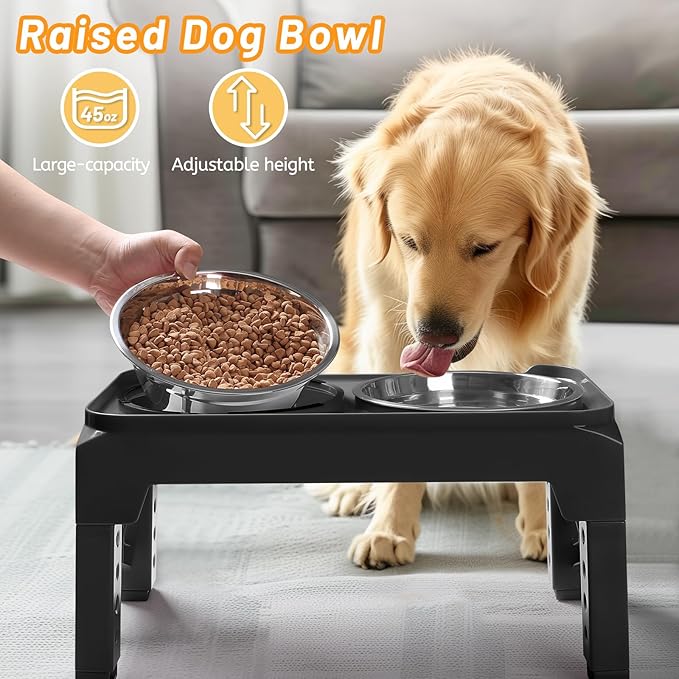 Hubulk Elevated Dog Bowls with 2 Stainless Steel Dog Food & Water Raised Bowls with No Spill Edge Non-Slip Stand Adjusts to 3 Heights(2.75", 6.0", 7.5") for Small Medium Dogs and Pet