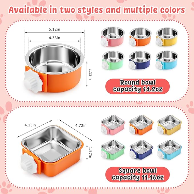 LemonRoad 12 Pcs Crate Dog Bowls Set Removable Stainless Steel Kennel Pet Hanging Food Water Feeder Bowl Cage Coop Cup for Puppy Medium Dog Cat Rabbit Ferret Bird