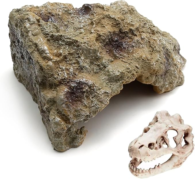 Anxingo Reptile Rock Reptile Cave Hideout for Snakes/Geckos/Lizards/Turtles and Other Amphibians, with Dinosaur Skull (Small)