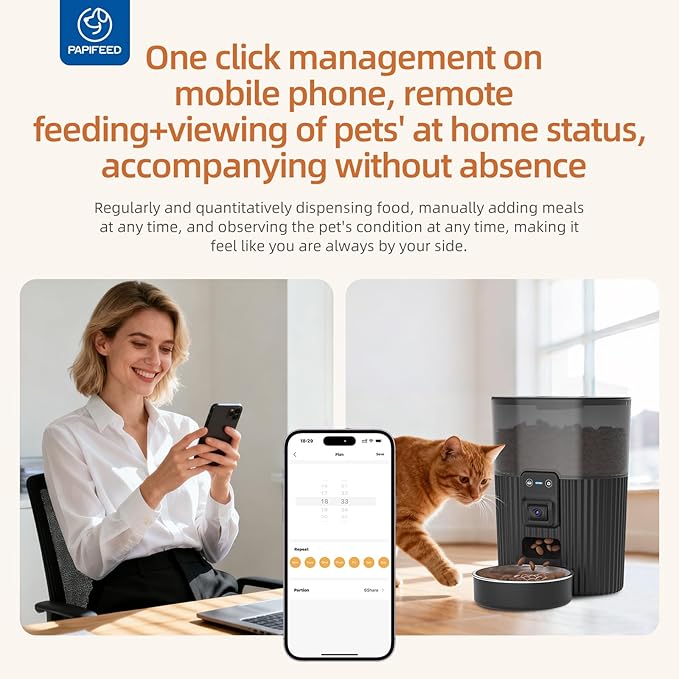 PAPIFEED Automatic Cat Feeder with Camera with 84 oz/2.5L Automatic Pet Drinking Fountain，‌Adjustable Angle 2.4G WiFi/App Pet Food Dispenser，3.5L/15 Cup Timed Dispenser with Two-Way Audio