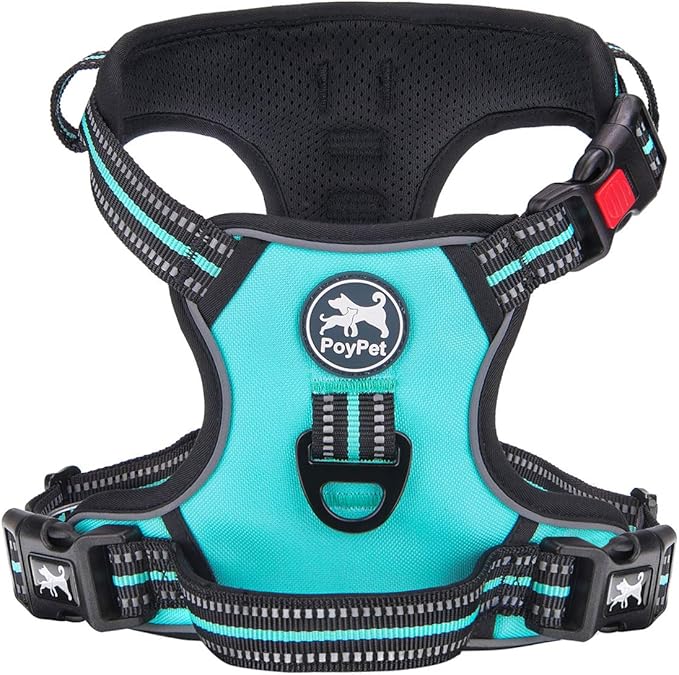 PoyPet No Pull Dog Harness, [Release at Neck] Reflective Adjustable No Choke Pet Vest with Front & Back 2 Leash Attachments(Mint Blue,M)