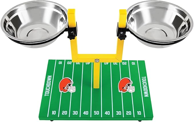 NFL Cleveland Browns Goalpost Football Field Dog Feeder – Adjustable Elevated Dog Bowls with Stand, 2 Stainless Steel Bowls, Non-Slip Rubber Feet, Raised Pet Feeder for Large & Small Dogs, Cats.