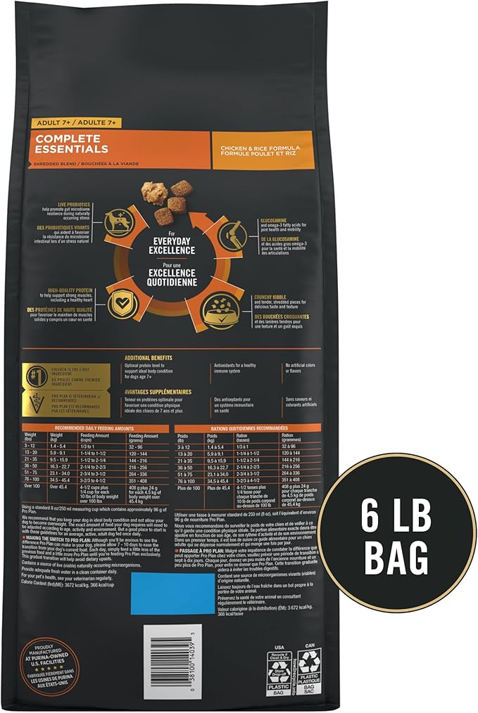 Purina Pro Plan Senior Dog Food With Probiotics for Dogs, Shredded Blend Chicken & Rice Formula - 6 lb. Bag