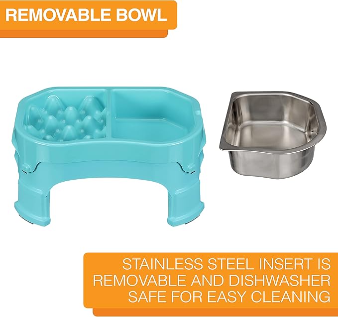Neater Pet Brands – Neater Raised Slow Feeder Dog Bowl – Elevated and Adjustable Food Height - (Double Diner/w Metal Bowl, Aquamarine)