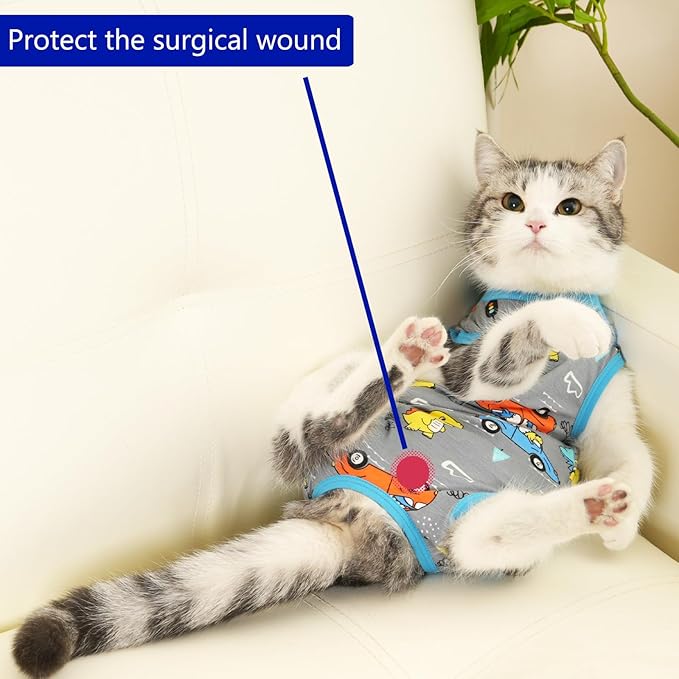 Cat Surgery Recovery Suit Professional for Surgical Abdominal Wound Or Skin Diseases E-Collar Alternative for Cats After Surgery Wear Pajama Suit (Gray, Medium)