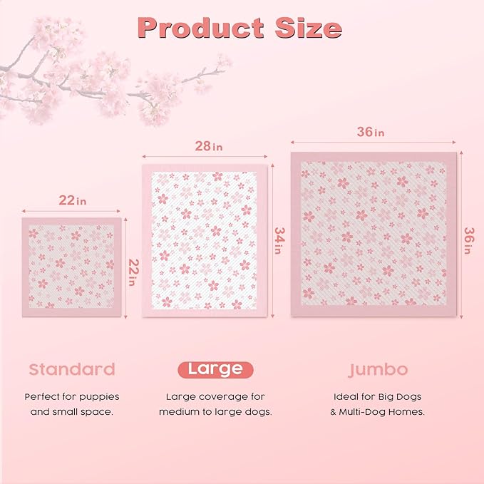 MIZOK Dog Pee Pads 28x34in Pink, Puppy Pads Extra Large Absorbent with Adhesive Tabs 6-Layer Leak-Proof Quick-Dry Design Odor Control for Potty Training, Cherry Blossom Prints (40 Counts)