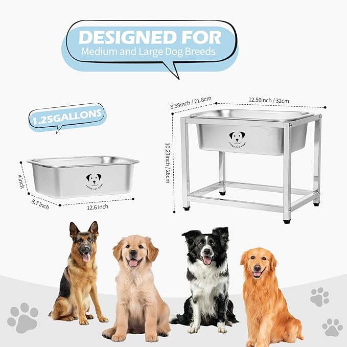 1.25 Gallon Elevated Large Dog Water Bowl, 10.23" Raised Stainless Steel Bowl for Medium Large Breed, Elevated Dog Water Bowl with Full Metal Stand, Easy to Clean and Assemble for Indoor Outdoor