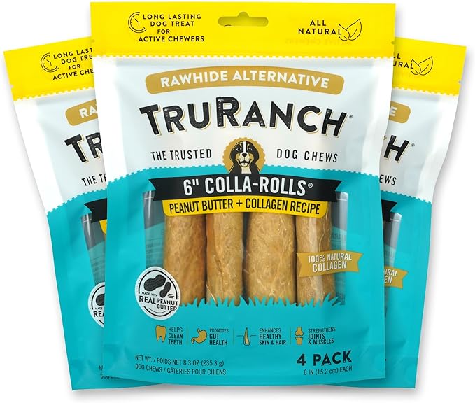 Collagen Rolls - 6" Collagen Rolls for Dogs - Long Lasting Healthy Joint Support - Rawhide Alternative - Skin & Coat Health - Made with Real Peanut Butter, Value Pack, 3 Bags, 12 Count