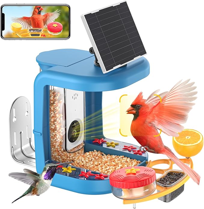 Solar-Powered Smart Bird Feeder with Camera Solar Powered,2K Video Recording, Auto Bird ID & Extensive DIY Accessories,2 in 1 Hummingbird Feeder Camera Ideal Present for Bird Lovers (Blue)
