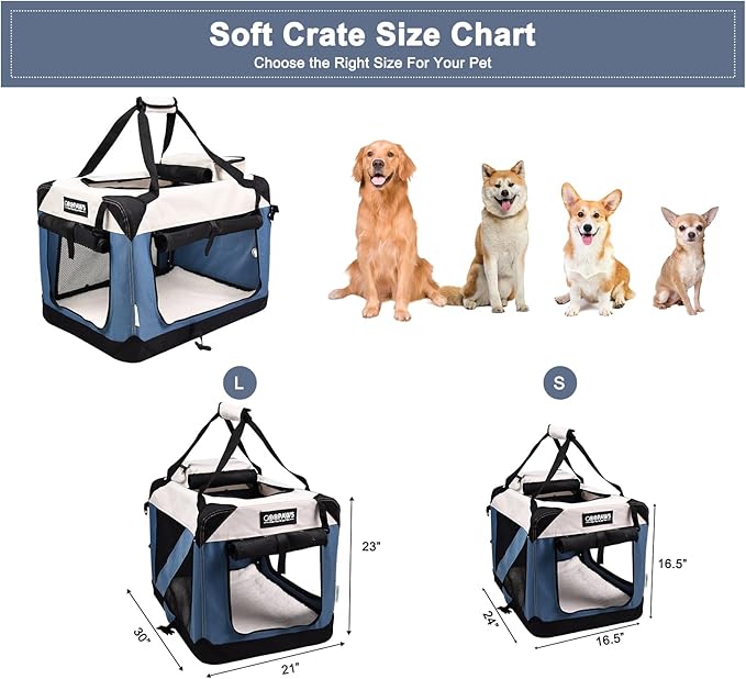 JESPET Soft Dog Crates Kennel for Pets, 3 Door Soft Sided Folding Travel Pet Carrier with Straps and Fleece Mat for Dogs, Cats(6-Lake Blue, Small(24" L x 16.5" W x 16.5" H))