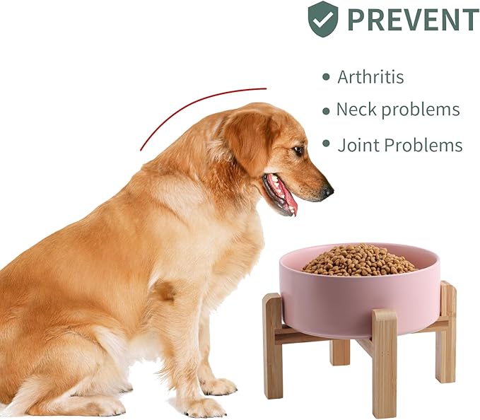 Pink Elevated/Raised Dog Bowl Ceramic for Medium Large Sized Breed,Dog Food Water Bowl with Stand,8 in 7.6 Cups Non Slip Heavy Weighted