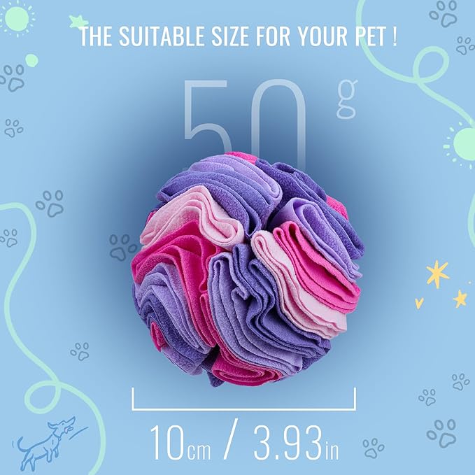 Pet Snuffle Ball, Puzzle Sniffing Interactive Dog Ball for Blind Dogs Training Stress Relief Dog Enrichment Toys Treat Machine Washable (Pink and Purple, 10cm)