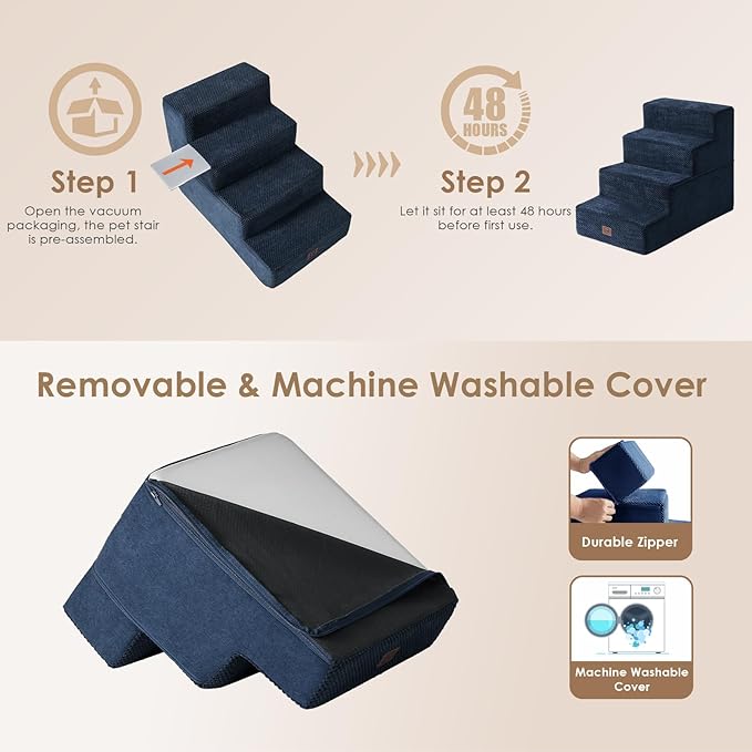 EHEYCIGA Dog Stairs for Bed 18" H, 4-Step Dog Steps for High Bed, Pet Steps for Small Dogs and Cats, Non-Slip Balanced Pet Ramp Indoor, Navy Blue