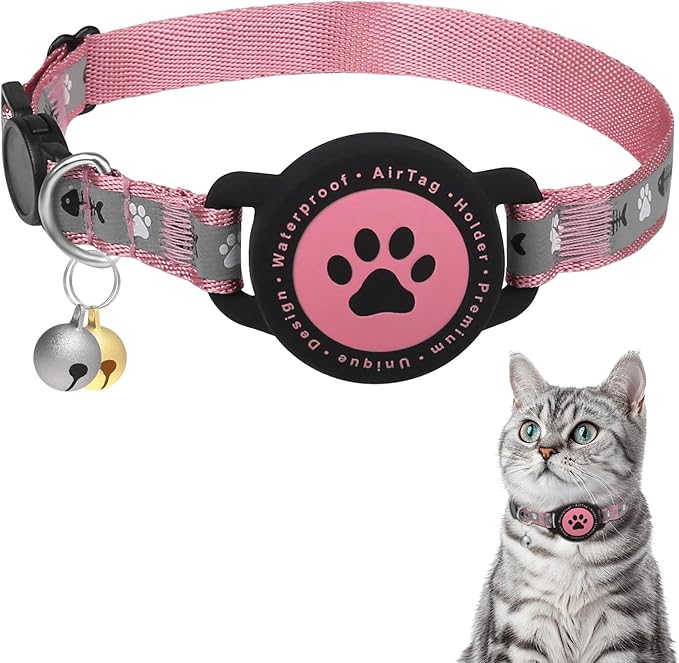 Waterproof Airtag Cat Collar, Reflective With Bell, Breakaway Holder, Lightweight for Apple Air Tag, GPS Collars for Girl Boy Cats, Kitten (Pink)