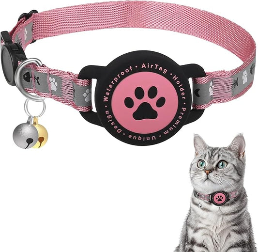 Waterproof Airtag Cat Collar, Reflective With Bell, Breakaway Holder, Lightweight for Apple Air Tag, GPS Collars for Girl Boy Cats, Kitten (Pink)